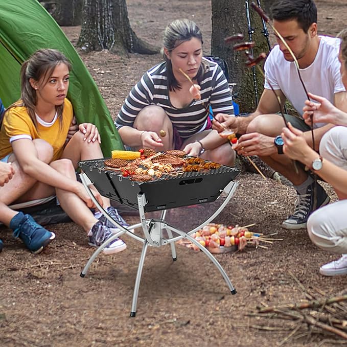 Giantex Folding Campfire Grill, Camping Grill with Stainless Steel Grates, Collapsible Aluminum Legs, Carry Bag, Portable Firewood Barbecue Grill for Backpacking Road Trips Outdoor Cooking
