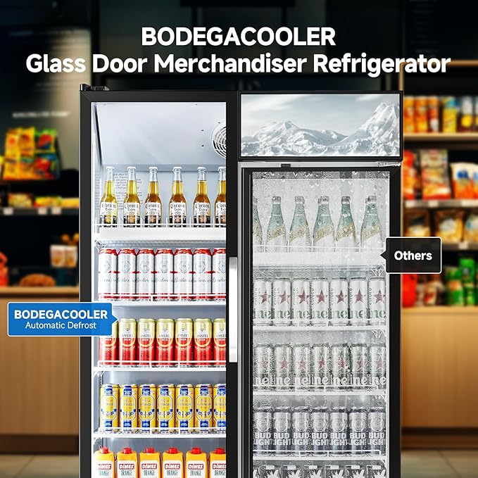 BODEGACOOLER Commercial Merchandiser Refrigerator, 27.02 Cu.Ft Double Glass Door Beverage Cooler, Upright Display Refrigerator with Soft LED Light, Adjustable Shelves, 4 Heavy-Duty Casters, Black