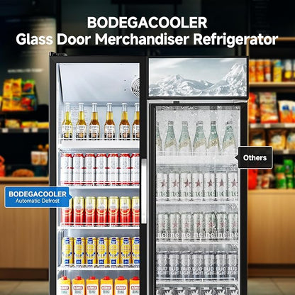 BODEGACOOLER Commercial Merchandiser Refrigerator, 27.02 Cu.Ft Double Glass Door Beverage Cooler, Upright Display Refrigerator with Soft LED Light, Adjustable Shelves, 4 Heavy-Duty Casters, Black