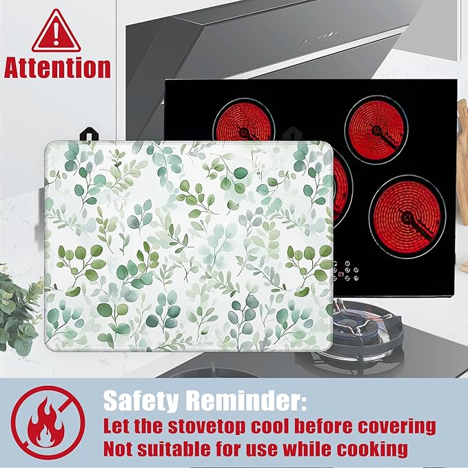 Electric Stove Top Cover,Eucalyptus Leaves Stove Cover for Glass Top Electric Stove,Watercolor Green Leaf Heat Resistant Flat Top Stove Mat Countertop Protector, 28 x 20 Inch