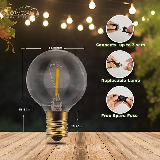Formosa 26ft Indoor/Outdoor Clear LED Christmas String, Patio Light with 25 Retro Round Waterproof Edison Bulbs,G40 Shatterproof Globe Bulbs, Outside Hanging Lights for Gazebo Garden Backyard Decor