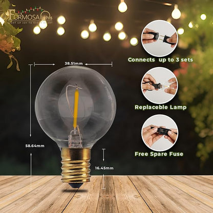 Formosa 26ft Indoor/Outdoor Clear LED Christmas String, Patio Light with 25 Retro Round Waterproof Edison Bulbs,G40 Shatterproof Globe Bulbs, Outside Hanging Lights for Gazebo Garden Backyard Decor