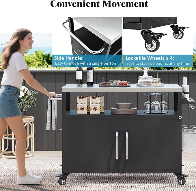 54.5" Outdoor Kitchen Island with Stainless Steel Tabletop, Metal Grill Cart Table with Storage Cabinet, Spice Rack and Towel Rack, Outdoor Bar Cart with 4 Lockable Wheels for Outside BBQ (Black@79)
