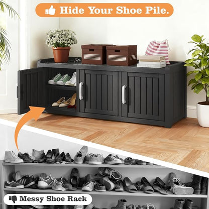 NUNU LAB Resin Shoe Cabinet,Waterproof Shoe Storage Cabinet with Adjustable Shelves,Entryway Storage Bench with Seat,Shoe Bench with Doors for Foyer,Hallway,Living Room (Black, 3-Door)