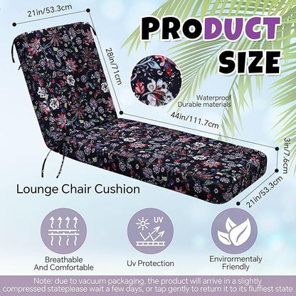 Youyole Outdoor Chaise Lounge Cushions Set of 2, 72 x 21 x 3 Inch Water-Resistant Fade-Resistant Floral Patio Lounge Chair Pads with Ties, Foam Recliner Replacement for Pool Deck