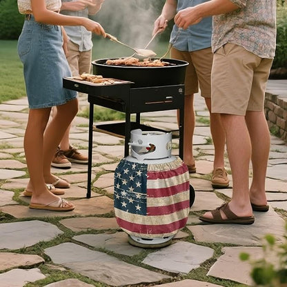 Retro American Flag Dual Propane Tank Cover 20 lb Patriotic Weather Resistant Gas Cylinder Polyester Blue Red 4th of July Decoration Slip-On Standard Tank Cover