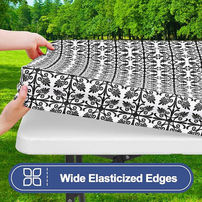 Smiry Picnic Table Cover with Bench Covers, Waterproof Elastic Fitted Tablecloth for 6 Foot Tables, Washable Polyester Tablecloths for Camping, Indoor & Outdoor (Charcoal & White, 30x72 Inch 3-pc Set)