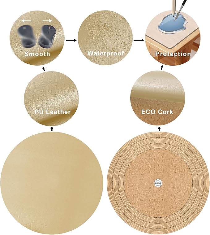MAIDERN 42 Inch Round Cork & Leather Table Pad Protector, Cuttable Size (36-42 Inch), Trimmable Dining Table Mat, Heat Resistant/Non-Slip Table Cover for Kitchen, Office, or Restauran (Golden)