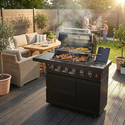 46" Outdoor Kitchen Island with Side Burner, 4-Burner 75,300 BTU Propane Gas BBQ Island with Rotisserie, Side Prep Shelf, Storage Drawers, LP/NG Convertible, for Backyard and Patio Cooking, Black