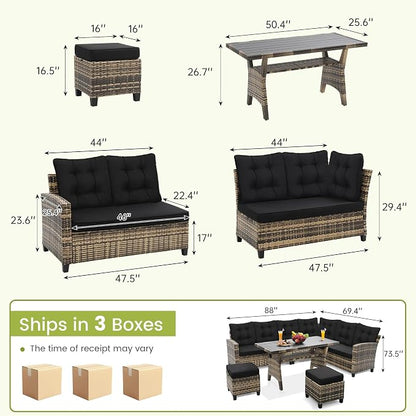 KROFEM 6-Piece Patio Furniture Set, Outdoor Sectional Sofa with Dining Table & Chairs, All-Weather Dining Set with Removable Cushion Covers, Ideal for Garden, Porch, Backyard, Black