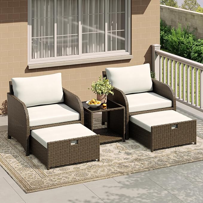 Garvee 5-Piece Outdoor Patio Conversation Set with Hidden Ottomans | PE Rattan Wicker Patio Furniture with Soft Cushions & Glass Coffee Table, Outdoor Lounge Chairs for Porch, Backyard (Beige)