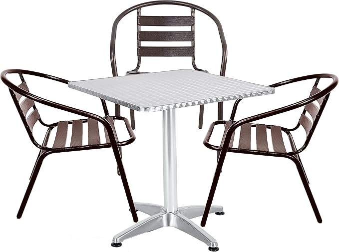 BTEXPERT Indoor Outdoor 23.75" Restaurant Stainless Steel Aluminum Metal Slat Stack Commercial Lightweight, 3 Chairs with a Square Table, Silver/Bronze