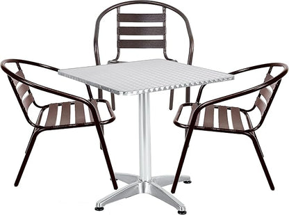 BTEXPERT Indoor Outdoor 23.75" Restaurant Stainless Steel Aluminum Metal Slat Stack Commercial Lightweight, 3 Chairs with a Square Table, Silver/Bronze
