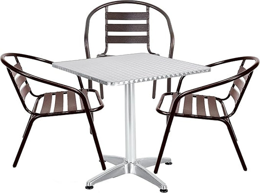 BTEXPERT Indoor Outdoor 23.75" Restaurant Stainless Steel Aluminum Metal Slat Stack Commercial Lightweight, 3 Chairs with a Square Table, Silver/Bronze