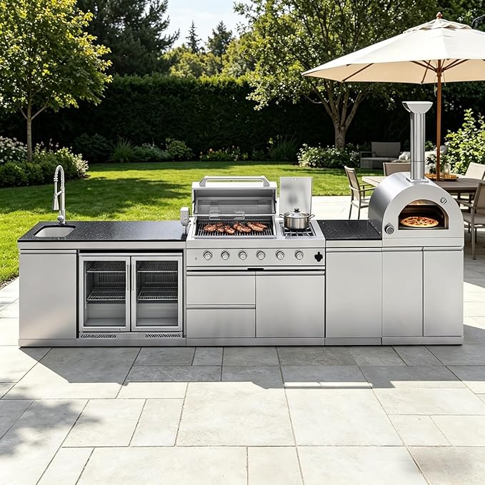 108,000 BTU Modular Outdoor Kitchen,150" Stainless Steel Propane Grill with Built-In Pizza Oven,Side Burner,Rotisserie,Double Door Refrigerator,Granite Countertop,Storage Drawers & Cabinets.