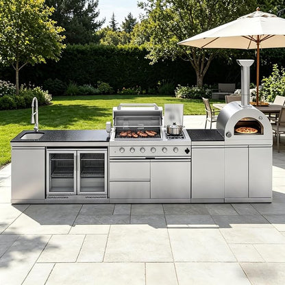 150" Outdoor Kitchen Island,108,000 BTU, Natural Gas BBQ Grill with Pizza Oven,Rotisserie,Double Door Refrigerator,Granite Countertop,Storage Cabinets & Drawers,Stainless Steel Build.