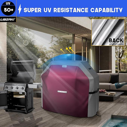 LIBZAKI Grill Cover 420D Waterproof, Weather Resistant, Rip-Proof, Anti-UV, Fade Resistant,Gas Grill Cover for Weber,Char Broil,Nexgrill Grills, etc.48 inches-Fuchsia/Gray