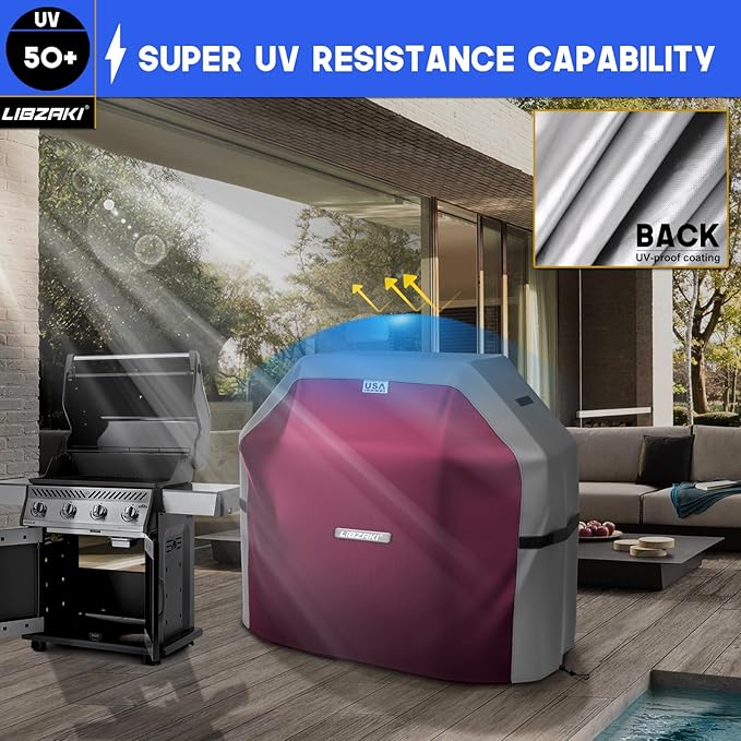 LIBZAKI Grill Cover 420D Waterproof, Weather Resistant, Rip-Proof, Anti-UV, Fade Resistant,Gas Grill Cover for Weber,Char Broil,Nexgrill Grills, etc.64 inches-Fuchsia/Gray