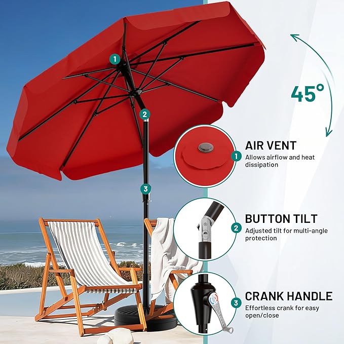 AreShark 9FT Valance Patio Umbrella, Outdoor Table Umbrella with Tilt and Crank, Outdoor Market Umbrellas W/ 8 Sturdy Ribs UV Protection for Garden, Deck, Backyard and Pool, Red