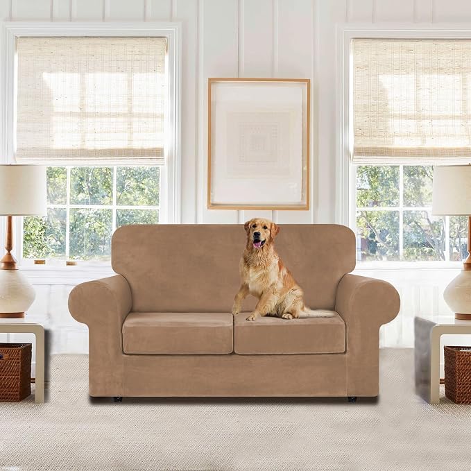 WEERRW Velvet Stretch 3 Pieces Couch Cover for Sofa Washable, Camel | Love Seat Couch Covers for 2 Cushion Couch Sofa Furniture Protector slipcoves with Elastic Bottom for Kids, Medium