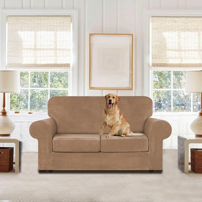 WEERRW Velvet Stretch 3 Pieces Couch Cover for Sofa Washable, Camel | Love Seat Couch Covers for 2 Cushion Couch Sofa Furniture Protector slipcoves with Elastic Bottom for Kids, Medium