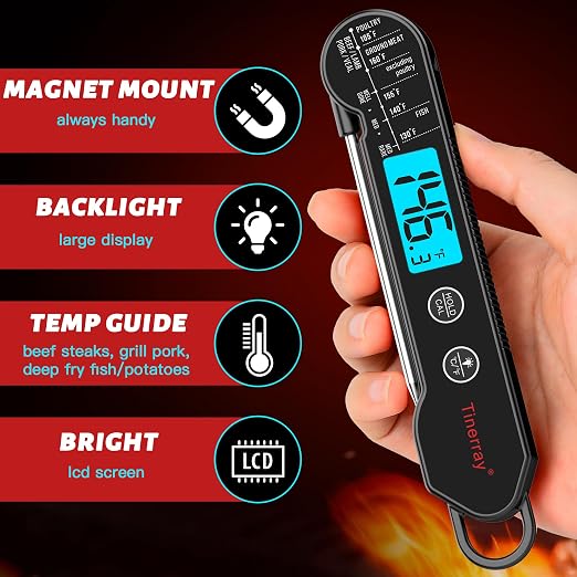 Professional Digital Meat Thermometer Instant Read Waterproof – Folding Probe Food Thermometer with Backlight & Calibration, Fast Read for BBQ, Grill, Deep Fry, Liquids, Gift for Chef (Black)