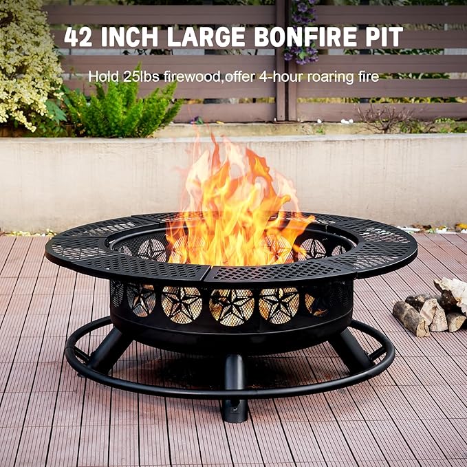 Verdeluxe 42 Inch BBQ Fire Pit with 2 Grills,3-in-1 Outdoor Round Metal Fire Pit Table with Lid,Fire Poker,Large Outdoor Wood Burning Firepits for Outside,Picnic,Bonfire Backyard Patio(Black)