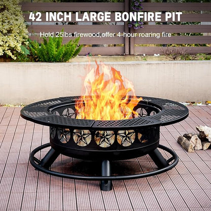 Verdeluxe 42 Inch BBQ Fire Pit with 2 Grills,3-in-1 Outdoor Round Metal Fire Pit Table with Lid,Fire Poker,Large Outdoor Wood Burning Firepits for Outside,Picnic,Bonfire Backyard Patio(Black)
