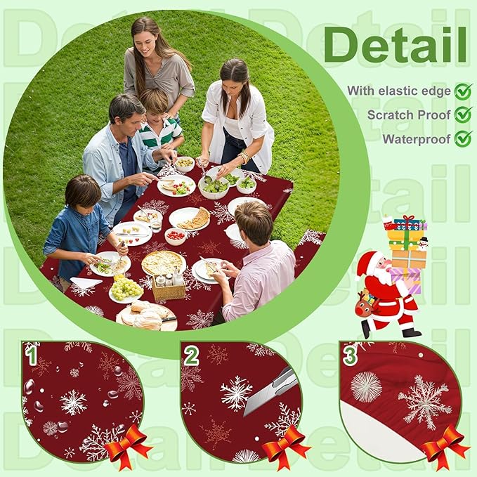 Christmas Picnic Table Cover with Bench Covers Set, Elastic Fitted Tablecloth for Outdoor Picnic Tables, Red Snowflake Pattern, Durable Vinyl Table Cover for Camping, BBQs, and Parties