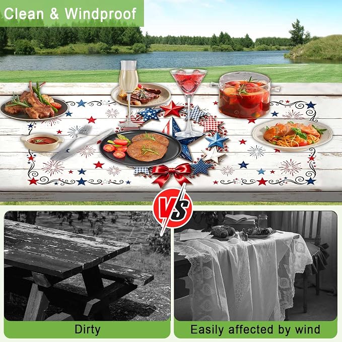 JAWO 4th of July Picnic Table Cover with Bench Covers, Rustic White Wood Patriotic Star Camper RV Essentials Gear Supplies Outdoor Waterproof Windproof Tablecloth with Elastic, 30X96in