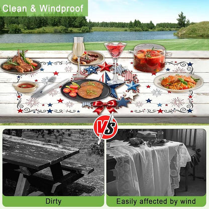 JAWO 4th of July Picnic Table Cover with Bench Covers, Rustic White Wood Patriotic Star Camper RV Essentials Gear Supplies Outdoor Waterproof Windproof Tablecloth with Elastic, 30X96in