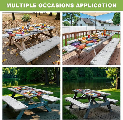 ANNA QUEEN Easter Bunny 6FT Picnic Table Cover with Bench Covers Set of 3 with Drawstring Bag, Bunny & Easter Eggs 72"x30" Waterproof Picnic Tablecloth & Bench Covers for Outdoor Party