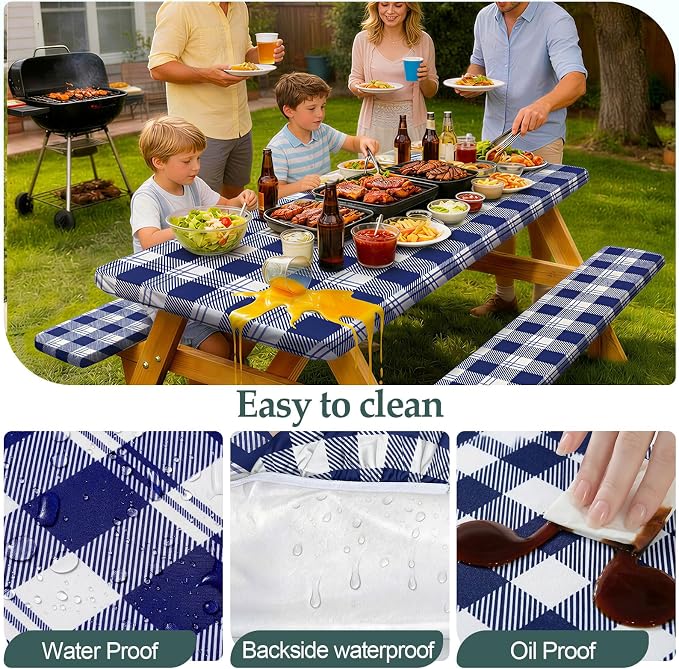 Picnic Table Cover Bench Covers Camping Essentials Tablecloth | Waterproof Vinyl for Outdoor, Windproof Elastic Fitted Edges, RV BBQ Accessories Must Haves, Storage Bag Included