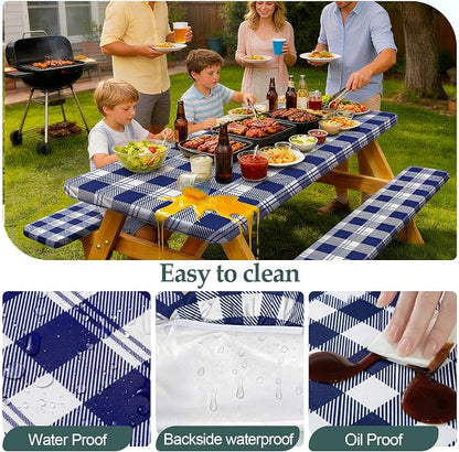 Picnic Table Cover with Bench Covers Camping Essentials Waterproof Windproof Camping Tablecloth with Drawstring Bag, Fitted Rectangle Tables and Seats, 72in, Blue Checkered