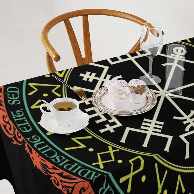 Vintage Viking Pattern Tablecloth, Viking Ancient Runic Helmet of Awe Seasonal Table Cloth Waterproof Wipeable Table Cover for Picnic Holiday Party Kitchen Dining 60x110