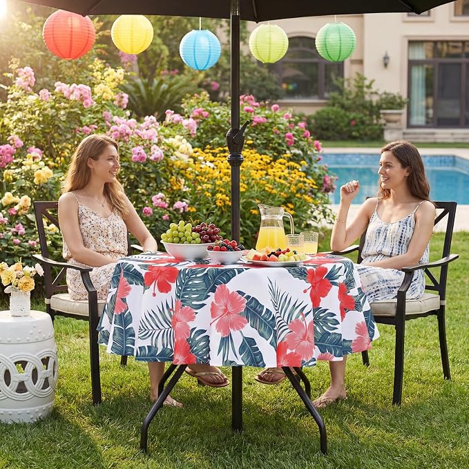 SquarePie Round Outdoor Talecloth with Umbrella Hole and Zipper 60 Inch, Water Resistant SpillProof Patio Table Cloth Cover for Spring Summer Camping Garden Poolside Picnic BBQS,Palm Leaf Red Flower