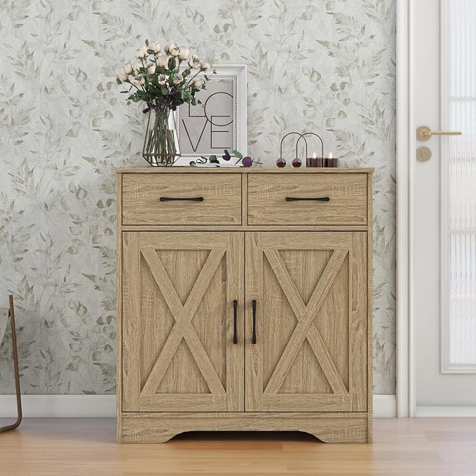 Panana Sideboard 2 Drawers 2 Doors Entryway Storage Cabinet Living Room Organizer Farmhouse Style Wooden Kitchen Cupboard (Nature)