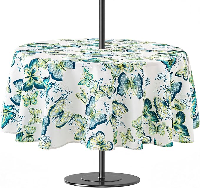 Lamberia 60" Round Patio Tablecloth with Umbrella Hole and Zipper, Waterproof Outdoor Table Cover for Patio, Backyard, BBQ, Picnic & Indoor Dining, Washable Polyester Circular Tablecloth