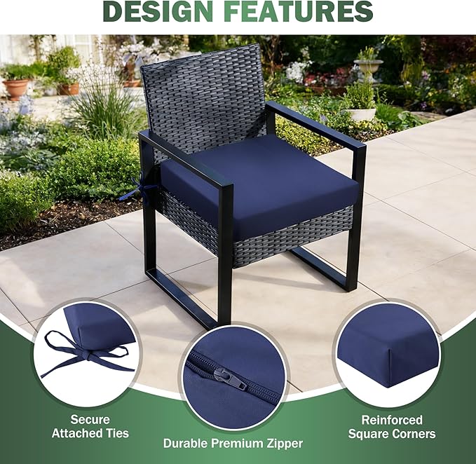 Outdoor Chair Cushions Set of 2, 22x22x3 Inch Waterproof & Fade Resistant Patio Furniture Seat Cushions with Ties, Square Outdoor Dining Chair Cushions for Lawn, Garden, Deck & Yard, Navy Blue