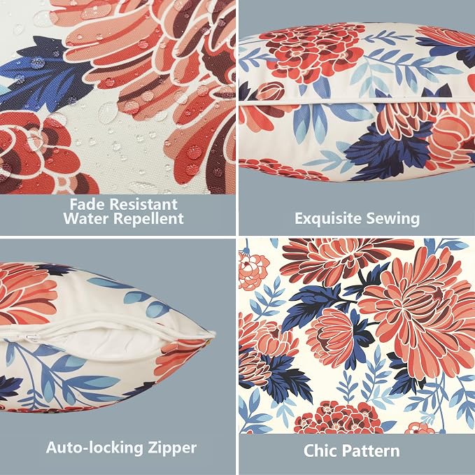 LVTXIII 2 Pack Outdoor Lumbar Pillow Covers 12x20 Inch with Piping, Water-Repellent Back Cushion Covers ONLY for Patio Furniture, Sofa, Garden Bench, Vibrant Blossom