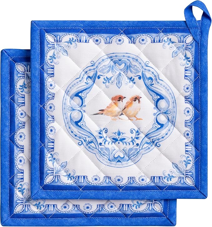 Maison d' Hermine Pot Holders 100% Cotton Heat Resistant Potholders 8" x 8" Hot Pads with Loop Cooking Baking Hotel Farmhouse Kitchen Handling Hot Pans Spring Summer (Pack of 2, Amsterdam Canals)