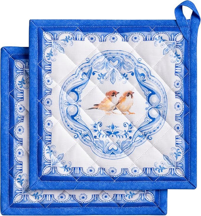 Maison d' Hermine Pot Holders 100% Cotton Heat Resistant Potholders 8" x 8" Hot Pads with Loop Cooking Baking Hotel Farmhouse Kitchen Handling Hot Pans Spring Summer (Pack of 2, Amsterdam Canals)