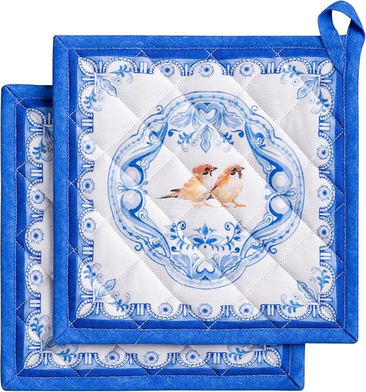 Maison d' Hermine Pot Holders 100% Cotton Heat Resistant Potholders 8" x 8" Hot Pads with Loop Cooking Baking Hotel Farmhouse Kitchen Handling Hot Pans Spring Summer (Pack of 2, Amsterdam Canals)