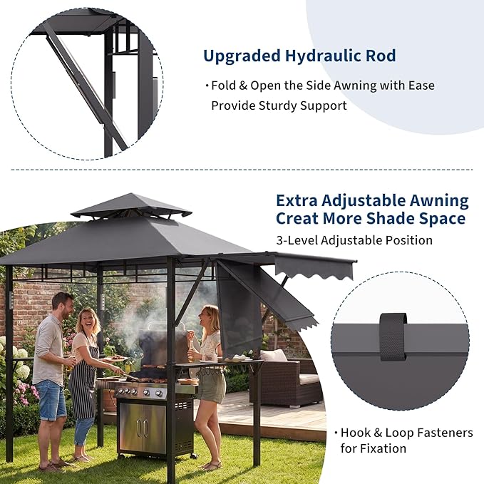 8x5 ft Grill Gazebo, Double Tired Outdoor Patio Canopy Tent with Side Awning Shelves, 4 LED Lights,10 Hooks & Bottle Opener,Heavy Duty Steel Frame Grilling Canopy for Patio Backyard Garden Picnic,Grey