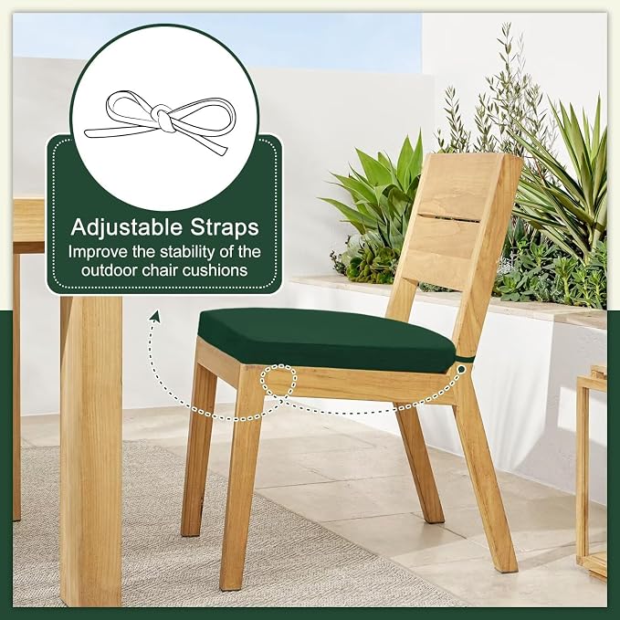 Cozyide Outdoor Chair Cushions, Waterproof Patio Seat Cushions with Adjustable Straps, Round Corner Patio Chair Cushions for Garden, Dark Green, 17x16x2 Inch (Pack of 4)