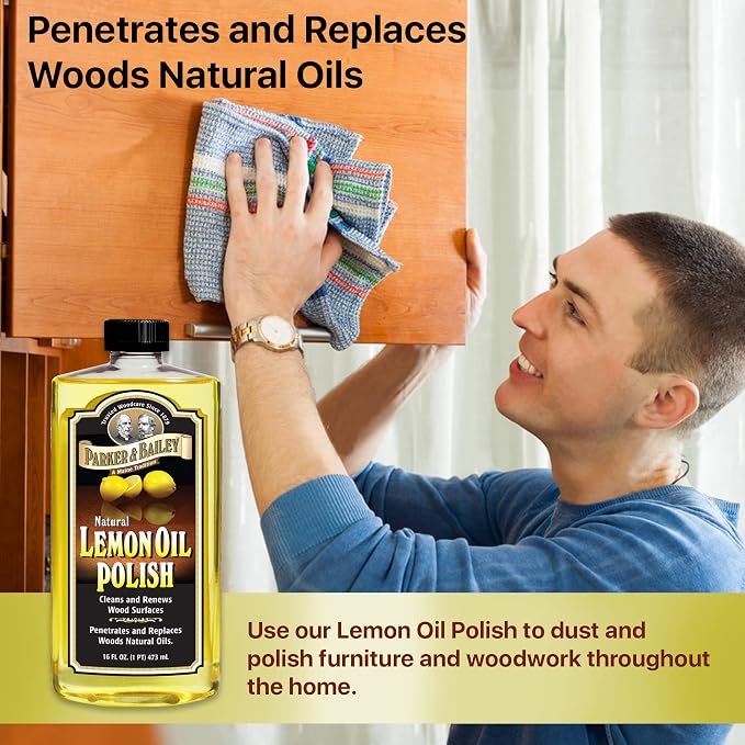 Parker & Bailey Lemon Oil Polish, Natural Lemon Scented Furniture Cleaner & Wood Table Cleaner, Renews & Restores a Finish for Woods, Protects from Drying or Cracking, Leaves a Shiny Finish, 16 oz