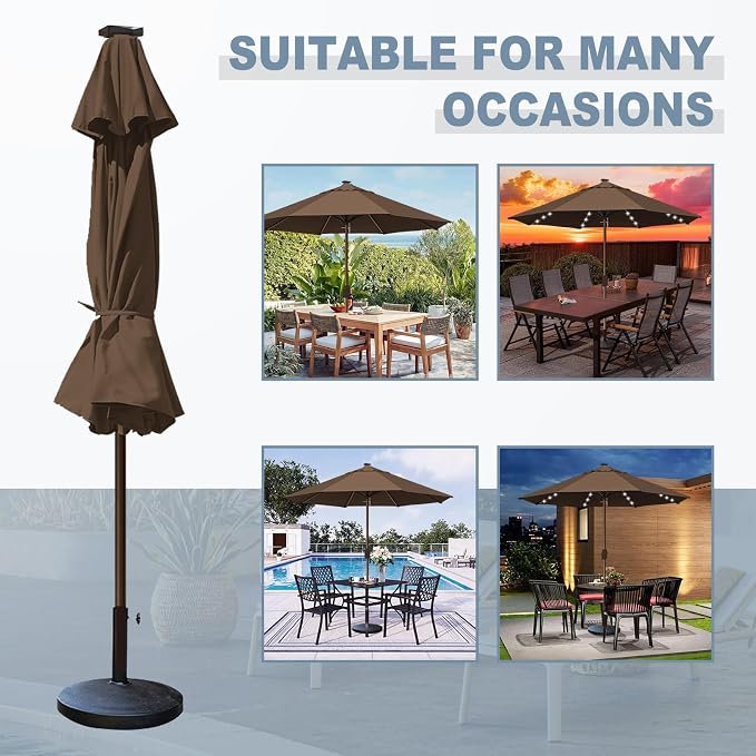 EliteShade USA 10-Year-Non-Fading 10ft Market Patio Umbrella, Commercial Grade Table Sun Umbrella with 80 Solar LED Lights, Crank Open, Windproof & UPF 50+ UV Protection for Garden, Deck, Pool, Backyard, No Tilt, Chestnut