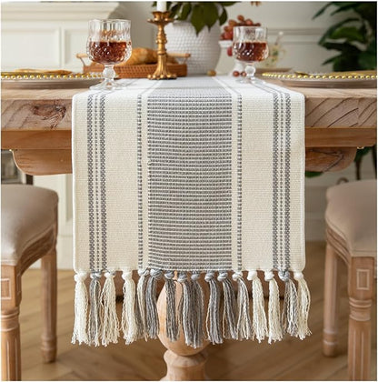 Caflife Boho Table Runner Grey Stripe for Modern Farmhouse Coffee Table Decor, Rustic Woven Runner with Handcrafted Tassels for Home Dining Table décor 13 x 60 Inch Long