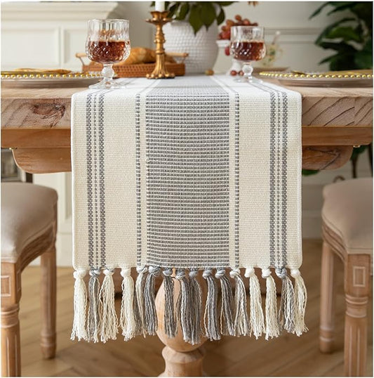 Caflife Boho Table Runner Grey Stripe for Modern Farmhouse Coffee Table Decor, Rustic Woven Runner with Handcrafted Tassels for Home Dining Table décor 13 x 60 Inch Long