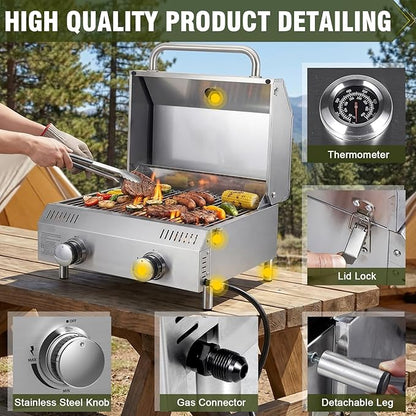 Bestfire Tabletop 2-Burner Gas Grill, 20,000 BTU Stainless Steel Portable Propane Grill, Removable Legs, Push-Button Ignition, Thermometer, for Outdoor Patio, Camping, Tailgating & RV